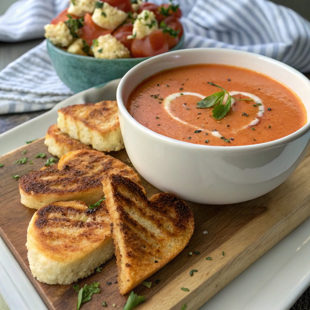 creamy tomato basil soup with grilled cheese hearts